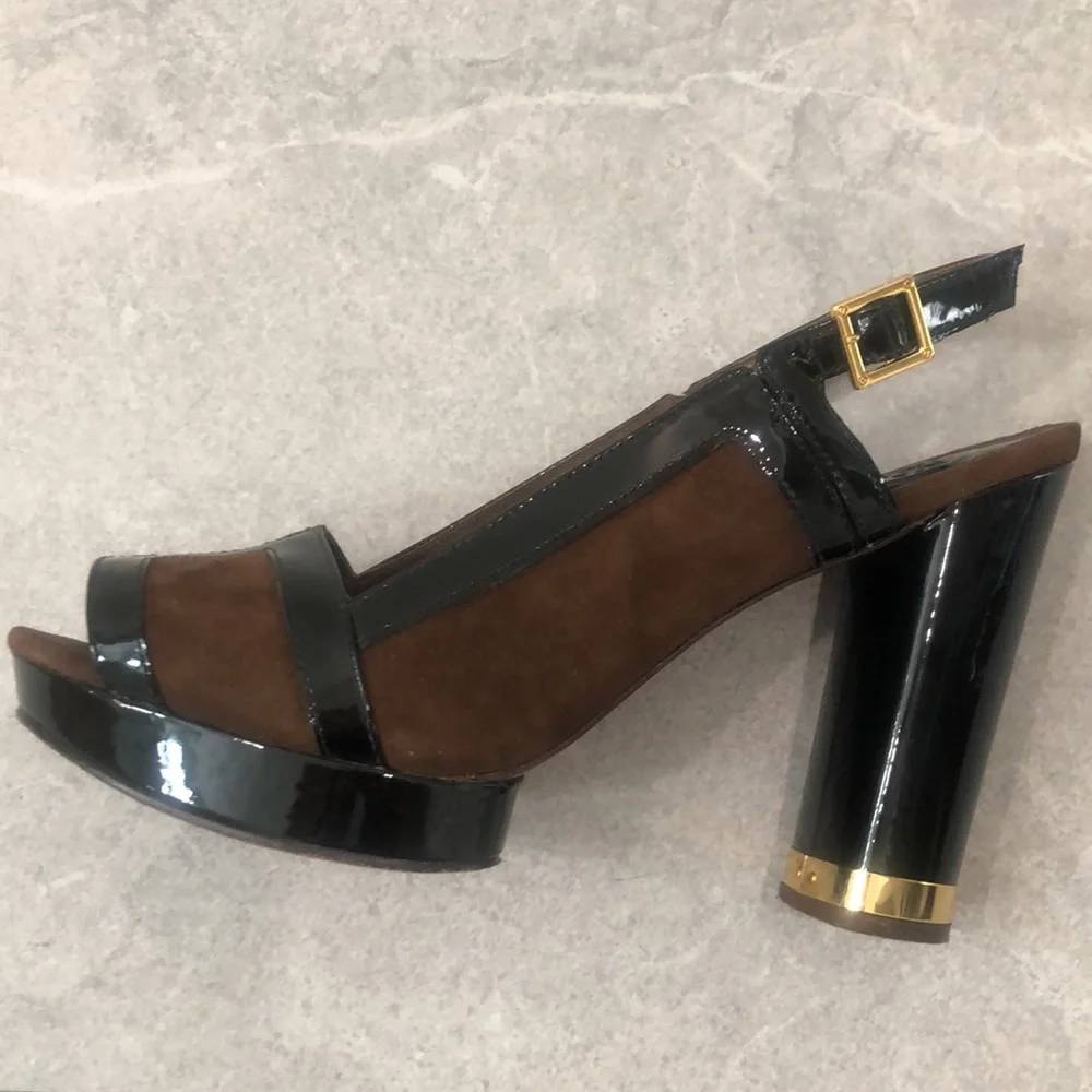 TORY BURCH “Gemma “ Black Patent Leather Brown Suede Slingback Heels Size 7.5